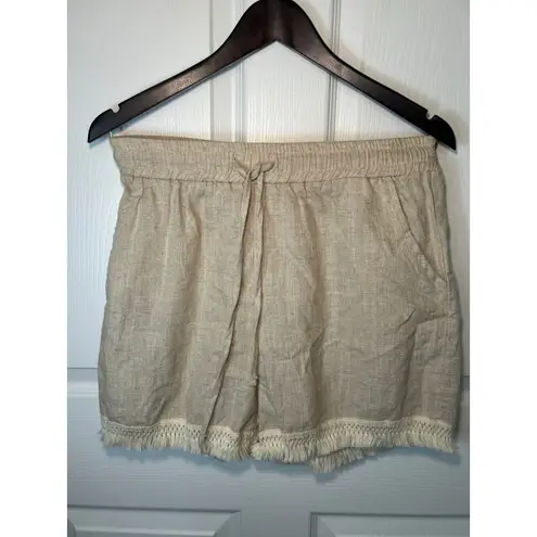 CHICME Linen Tank Top & Shorts Set Tan Crochet Fringe Boho Loungewear Medium