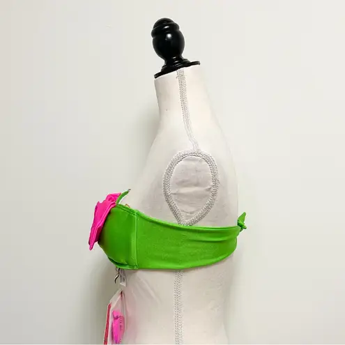 Luli Fama Pink Green Rhinestones Bandeau Bow Tassels Halter Bikini Top NWT