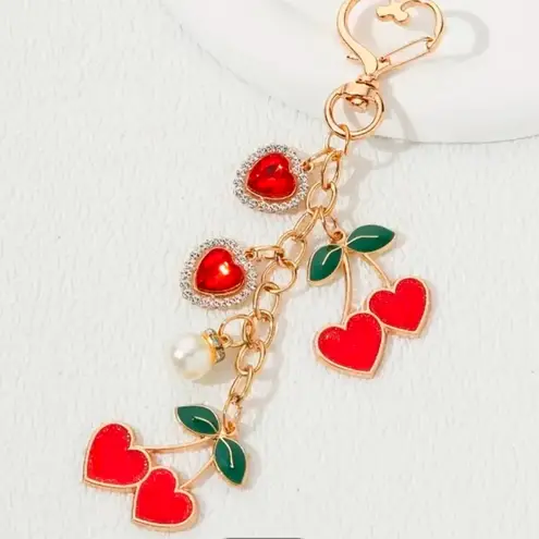 Gold Heart & Cherry Dangle Bag Charm Keychain NWT Red