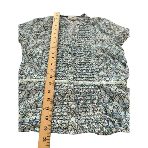 Anokhi Blouse XS Blue Indian Cotton Block Button Shirt Boho Hippie Ruffle #BB1