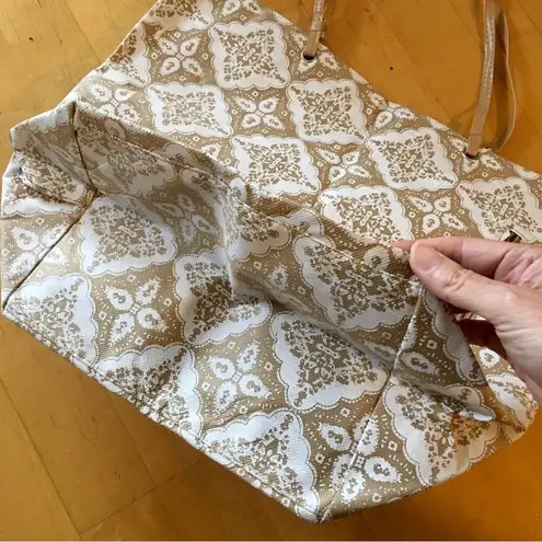 Floral Open Top Tote Bag, Leather Straps, Tan, White Tan