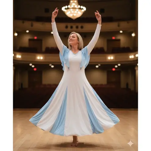 Body Wrappers Capelet Praise Dance Dress M Blue White Flowy Angelic Worship Wear