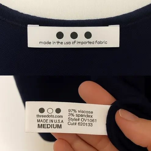 Three Dots Navy Blue Draped Top Women’s Medium Cap Sleeve Shirt Made in USA