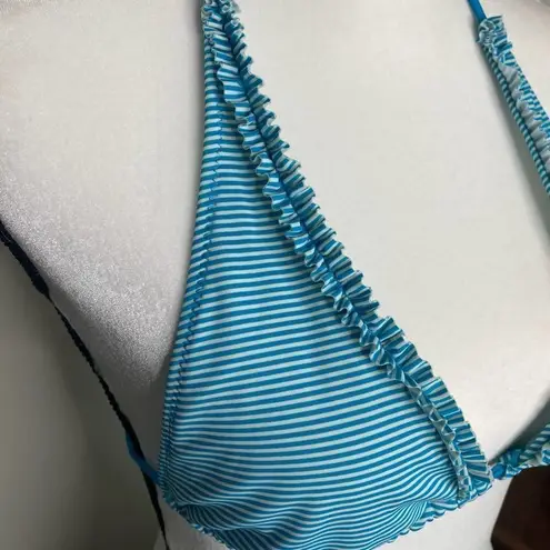 American Eagle  Ruffled Edge Striped Halter String Triangle Bikini Top Blue Small