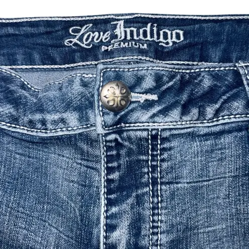 Love Indigo Medium Wash Mid Rise Bootcut Jeans w/ Rhinestone Stud Pockets SZ 16