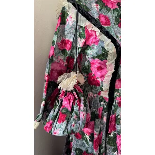 Handmade STUNNING Vintage Victorian Floral Dress Sun Hat Set Handbag Womens Sz S