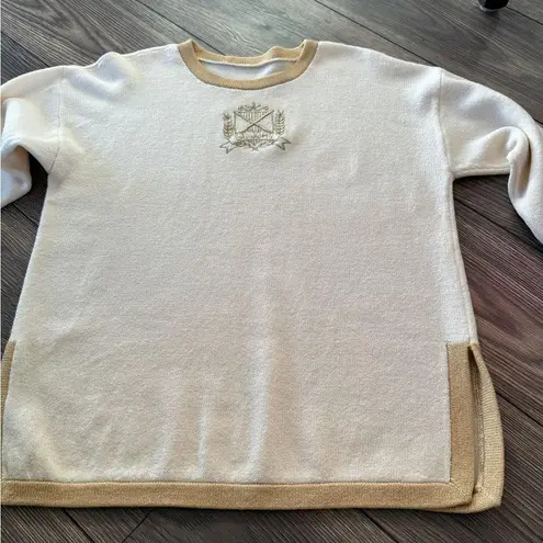 St. John medium Santana Knit Sweater Cream Ivory with metallic gold crest