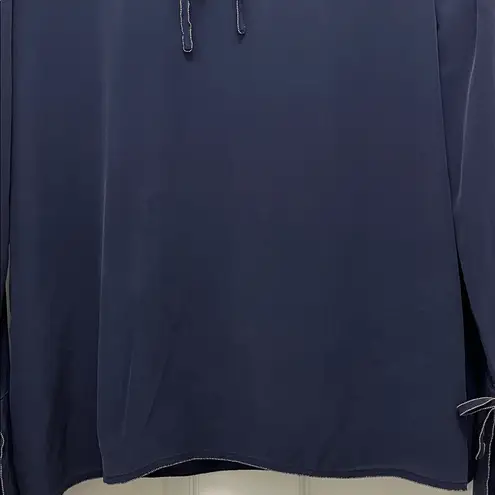 Ecru Navy Silk Blouse Top w/ Bow Tie Details & Bell Sleeves - Size Large