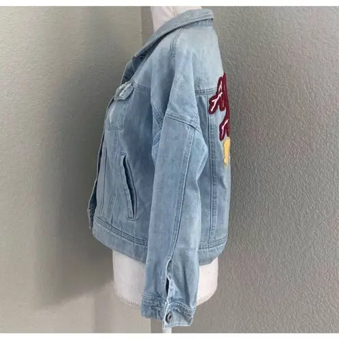 JasonWood Patchwork Embroidered Distressed Jean Jacket Size Medium Blue