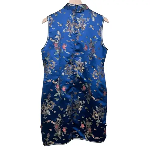 Women’s Chinese Asian traditional bright blue jacquard sleeveless dress Size L