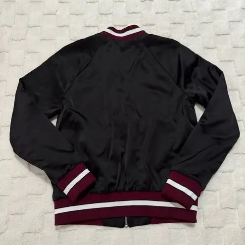 Babaton Aritzia Black Satin Bomber Jacket, Burgundy Trim, Pockets, Women’s Small
