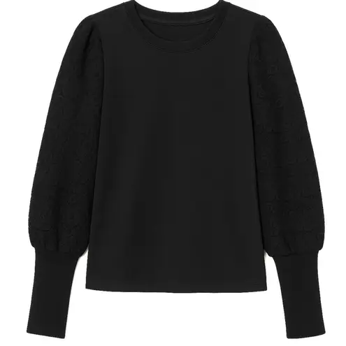 Evereve Shirt Womens XS Black Puff Sleeve Lace Contrast Knit Top Pullover