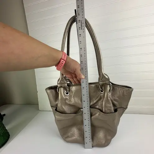 Tignanello Gold Metallic Pebbled Leather Satin Lined Shoulder Tote Bag Pockets