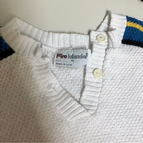 Fire Islander Vintage 70s 80s  Knit Polo Short Cap Sleeve Sweater White Blue XL