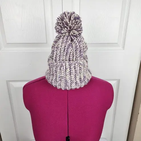 Crochet Handmade Chunky Ribbed Beanie Cream Purple Pompom Warm Hat Cap