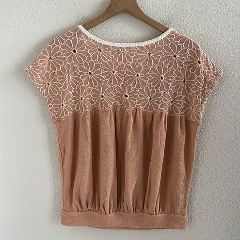 Free People  Georgia Bubble Top Shirt Blouse Desert Sands Embroidered Medium