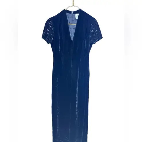 Stunning Velvet Sequin Short Sleeve Full Length Dress W/Sexy High Slit Vintage 8 Black