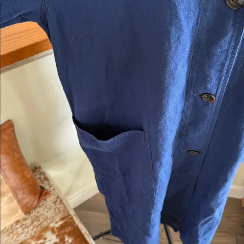 Uniqlo  linen Navy Blue Button-Up Long Coat slanted pockets - Image 8