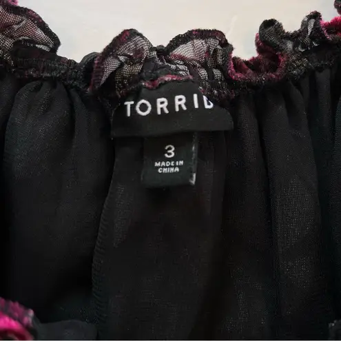 Torrid  Black Pink Floral Burnout Velvet Puff Sleeve Tiered‎ Babydoll Top 3X