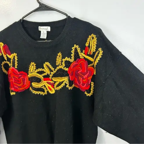 Vintage Eminent Lambsool/Angora Black and Red Embroidered Rose Sweater Size 1X