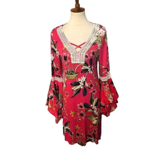 cupio Ladies Size M Pink Floral Flutter Bell Sleeve Knit Dress mixed media sleev