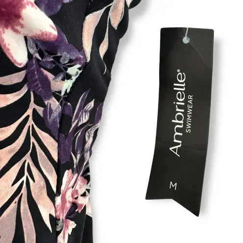 Ambrielle | NWT | Medium | One Piece Swimsuit Black Pink Silver Floral Pattern