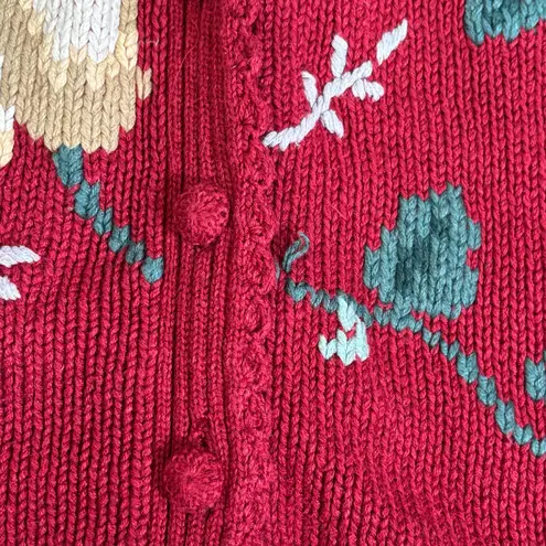Vintage 90s Herman Geist Hand Embroidered Floral Knit Cardigan Sweater Red Crop Size M