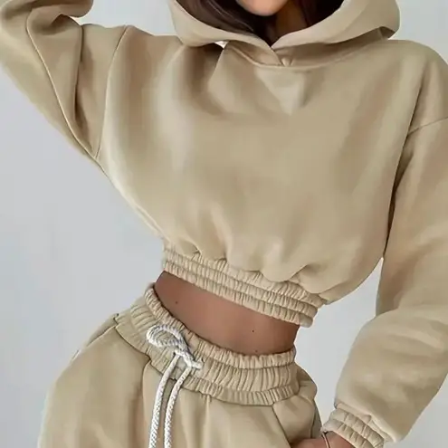 2Pcs Solid tracksuit Sports Set Hooded Sweatshirt Drawstring Jogger Pant Sporty Tan