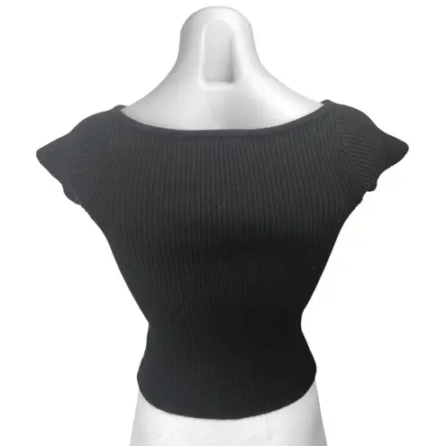 Peppermayo Black Rib Knit Short Flutter Sleeve Slim Fit Crop Sweater Top Sz S/M
