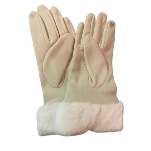 Women’s Beige Thermal Winter Gloves Faux Fur Cuff Touchscreen Compatible