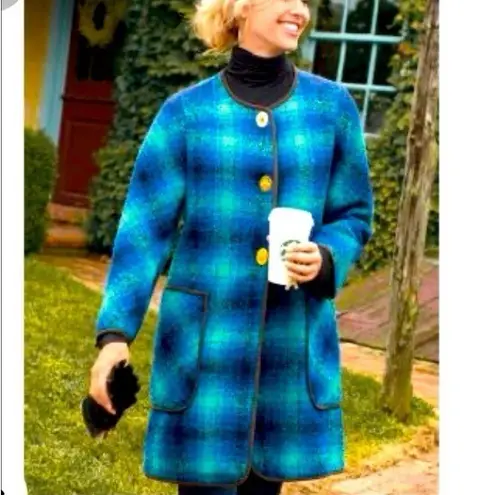 Soft Surroundings Teal Blue Plaid Long Coat Size 1X Jacket Cape Wool Boucle