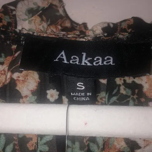 Aakaa Size S Floral Tassel Tie Neck Mini Babydoll Boho Dress