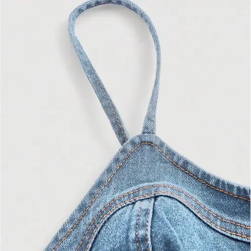 NWT Denim Bustier Crop Top – Zip Front Spaghetti Strap Jean Cami Tank – XS Blue