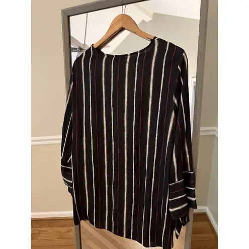 H by Halston Blouse Black Striped V Neck Long Sleeve Flare Cuffs Size XL Silky