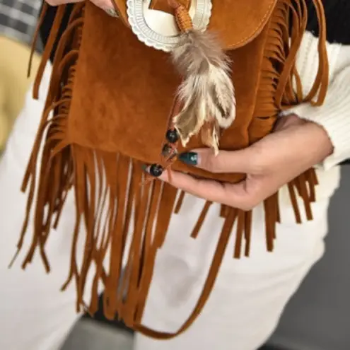 Bohemian Feather Tassel Beading Shoulder Crossbody Bag NWT Brown