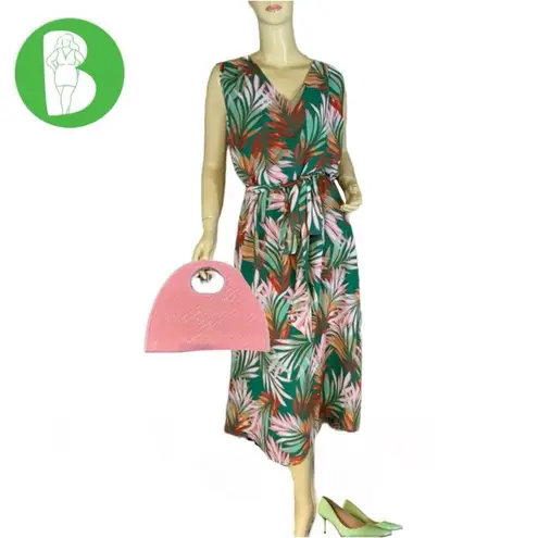 Tahar ASL TAHARI ASL GREEN & PINK TROPICAL PRINT CHIFFON MIDI DRESS AND BELT (16)