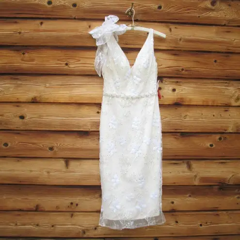 Mac Duggal 79337 Womens White FLORAL EMBELLISHED V-NECK MIDI DRESS SHOULDER BOW