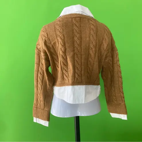 Pilcro Anthropologie Tan Cropped Cable-Knit Twofer Long Sleeve V-Neck Sweater