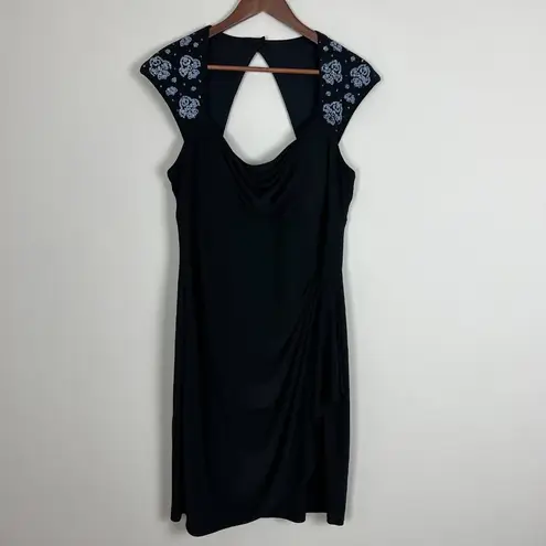 MSK Dress Womens 14 Black Cowl Neck Sheath Draped Waist Beaded Cap Sleeve Knee