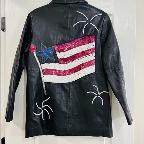 Black Leather Jacket with USA Flag, Red Stars, Small