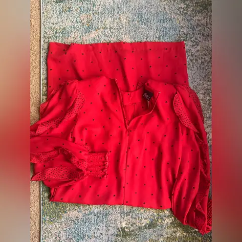 NOS vintage Chez California red ruffle polka dot shift dress, size 12