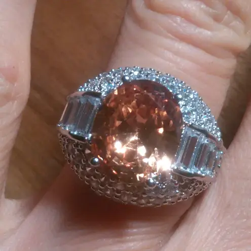 Simulated Champagne Color and White Diamond Brass Ring (Size 7)