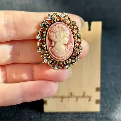 Sparkly Cameo Brooch Pin, Rhinestone Filigree Edging Detail, Red, Pink, Gold Red
