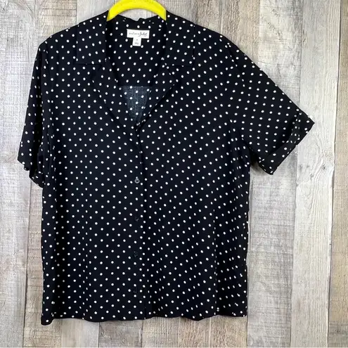 Maison Jules Medium Button Front Short Sleeve Black Top with White Polka…