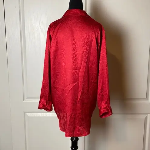 RED SATIN DAMASK PRINT LONG SLEEVE BUTTON DOWN NIGHT SHIRT GOWN Size M