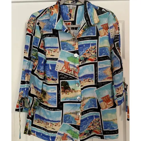 John Mark Wire Collar Sz Small Blouse Lagenlook Travel Print Postcards Vacation