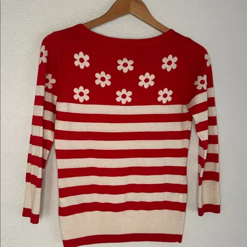 Yumi Knitwear Red Cream Daisy Stripe Sweater Jumper Flower Valentines US 6 Size M