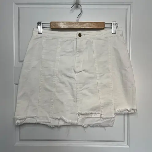 Lily Rain Women's White 100% Cotton Raw Asymmetrical Hem Jean Mini Skirt Sz Med