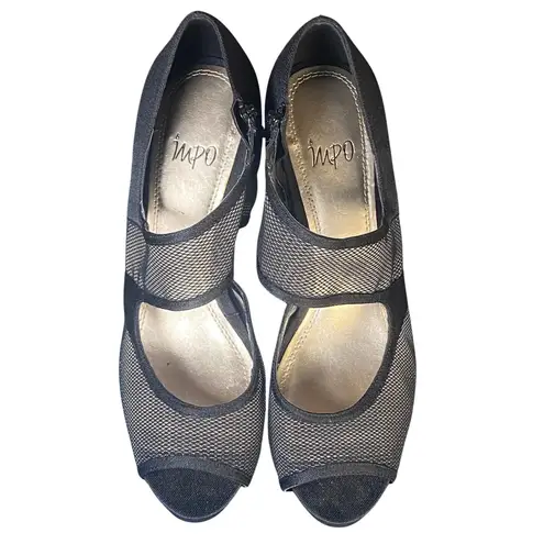 Impo Trilogy Size 8.5 Dressy Heels Women's Peep Toe Mesh Accents Black Pumps