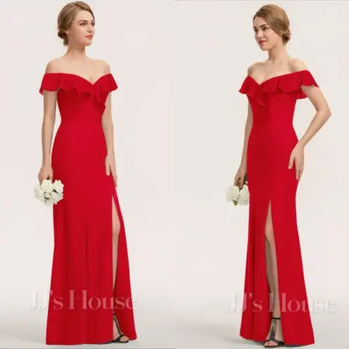 JJ's House Red Off the Shoulder Sheath/Column Maxi Chiffon Bridesmaid Dress NEW